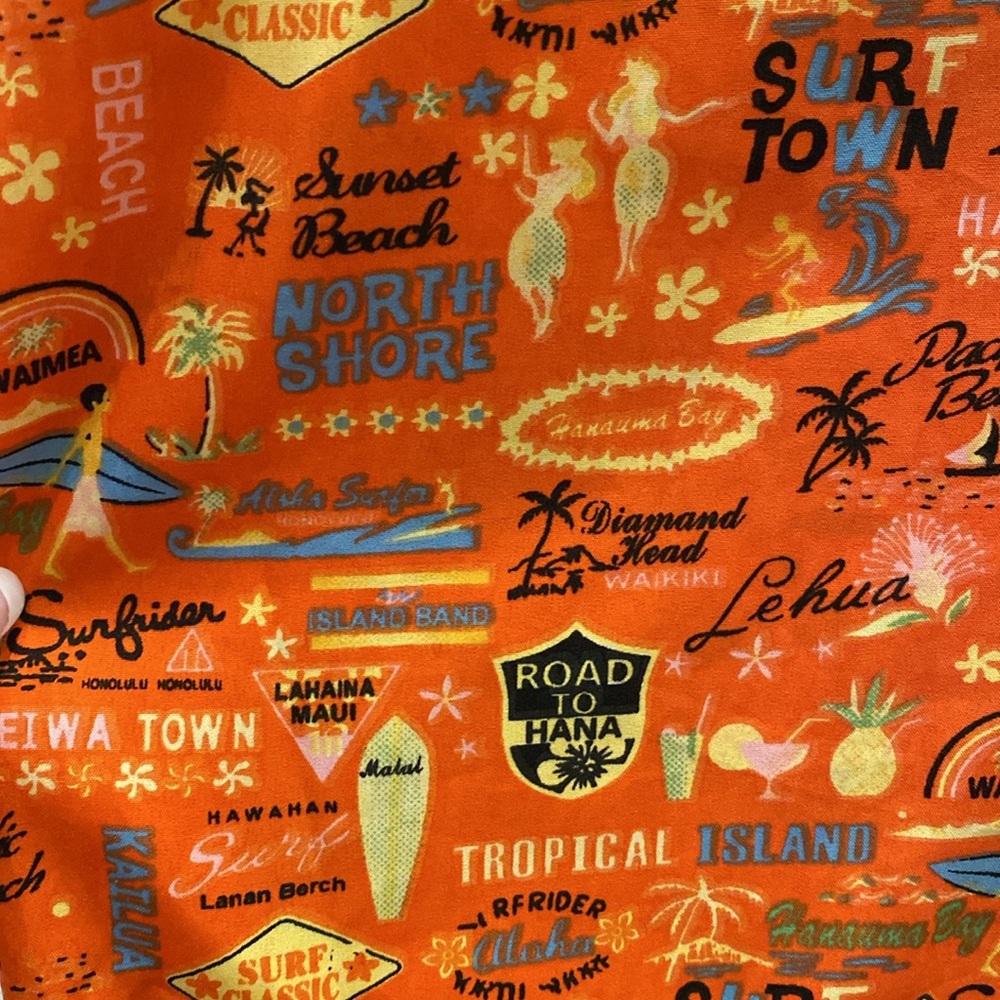 Mens Hawaiian Button Down Shirt Orange Surf Road to Hana L Hula Girls Multi - Picture 7 of 7